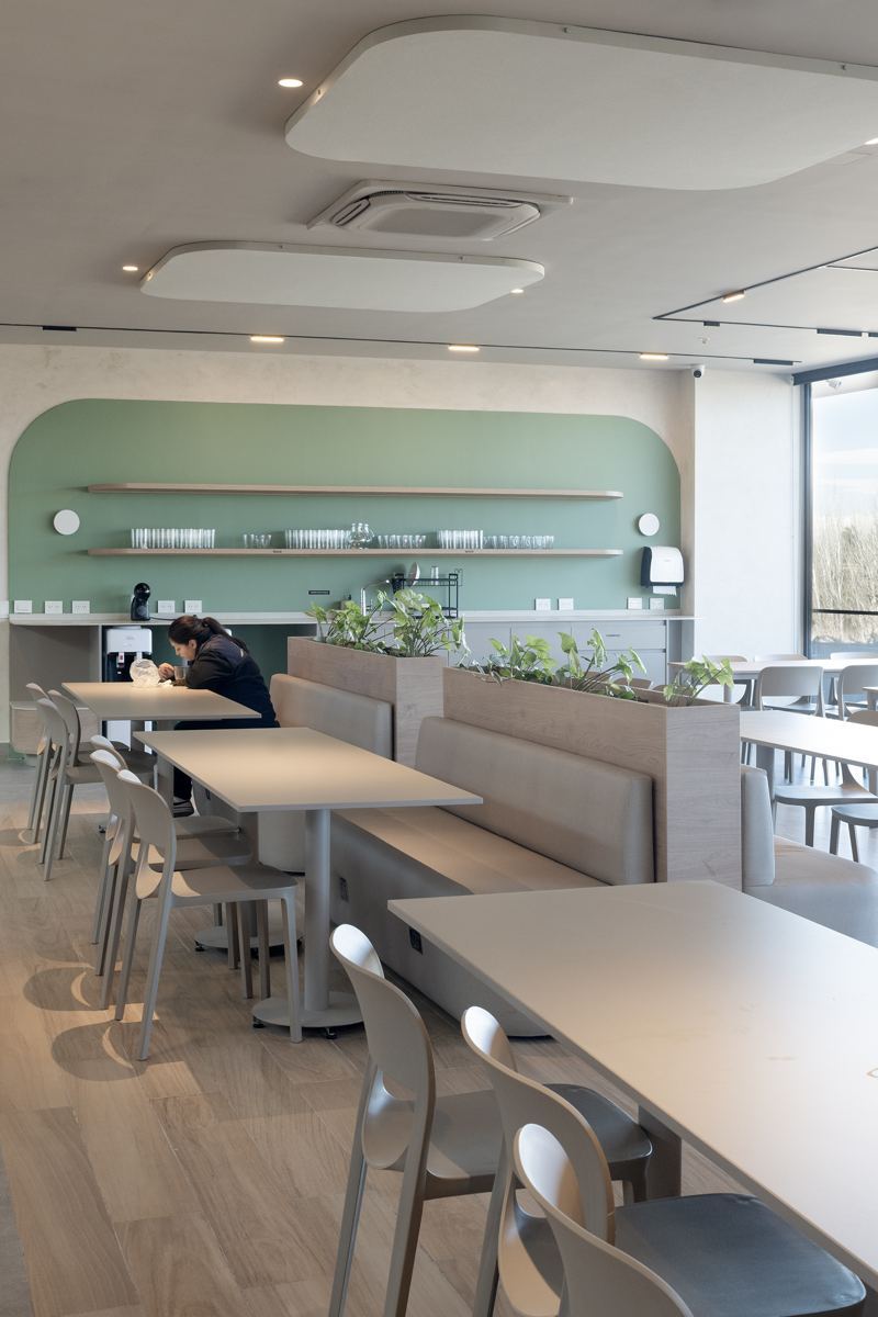 Sky, el comedor del cowork de Foresta, con mesas y pared verde