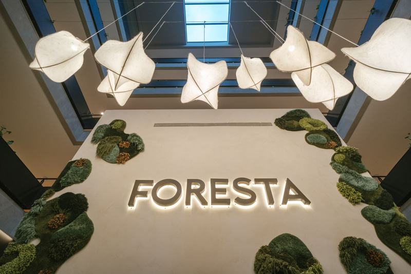 Recepción de Foresta con el logo iluminado y arte textil verde